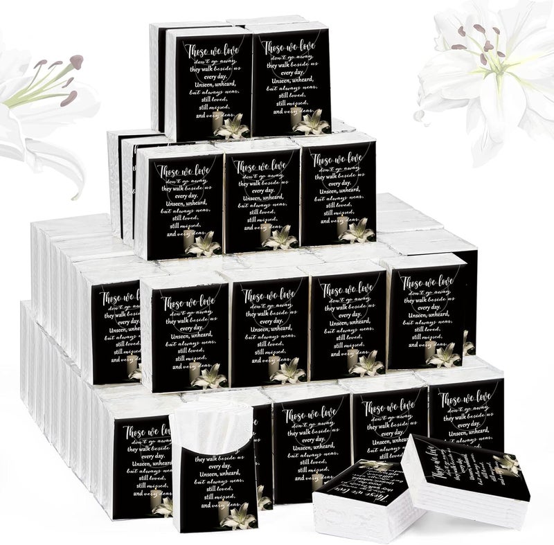 Fumete 100 Packs Memorial Facial Tissues Those We Love Don't Go Away Inspirational Poem Pocket Tissues 3 Ply Napkins Packs Funerals Wedding Supplies for Family Relatives Guests, 700 Sheets(Black) - Image 1
